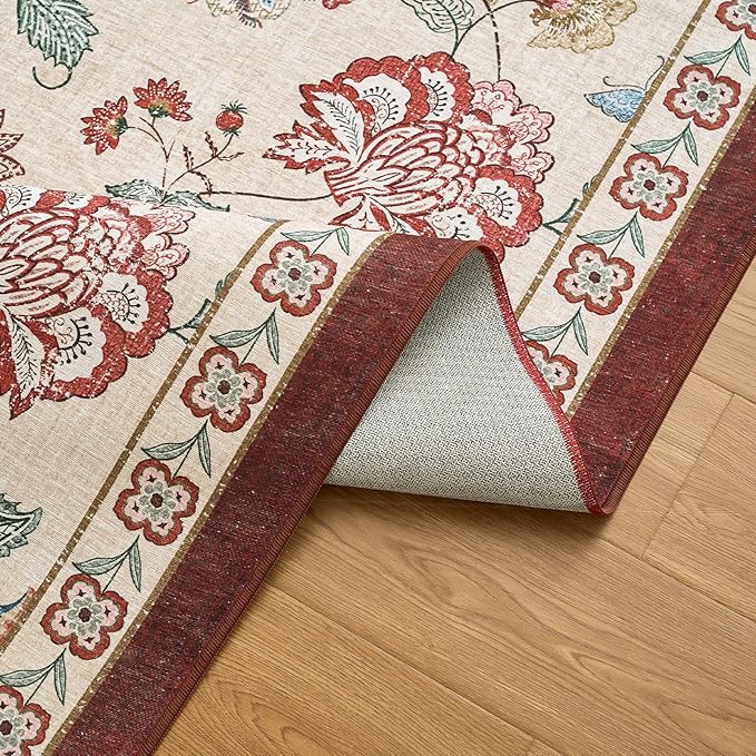 jinchan Elora 7ft Floral Round Rug for Washable Living Room Rug Vintage Romance Christmas Design Non Slip Indoor Floor Cover Lightweight Low-Profile Throw Carpet for Bedroom Porch, Red/Beige