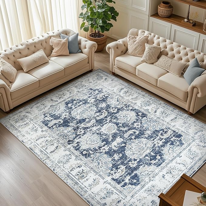 jinchan Fiora 8x10 Area Rugs for Living Room Machine Washable Vintage Floral Distressed Design Stain Resistant Boho Carpet Low Pile Non-Slip Rug for Bedroom Dining Room Home Office (8‘x10', Dark Blue)