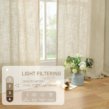 LAMIT 96 inch Linen Curtains for Bedoom, Light Filtering Semi Sheer Panels Back Tab and Rod Pocket Floor to Ceiling Curtains for Living Room, 2 Panels Set, Linen, 52 x 96 Inch