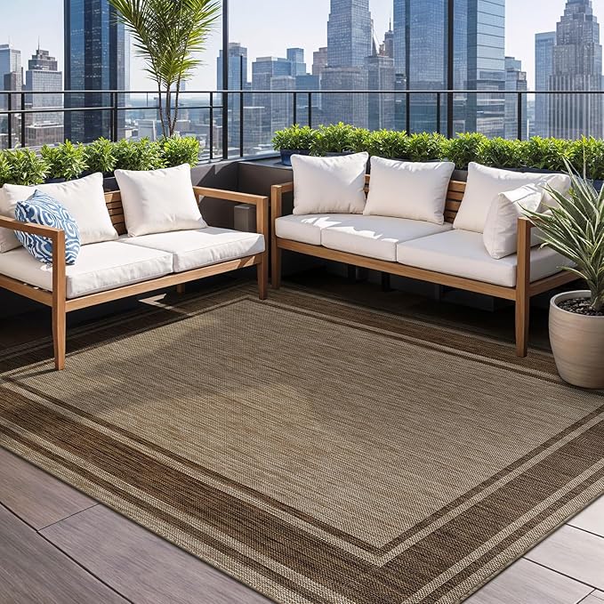 Beverly Rug Outdoor Rug 5x7 Modern Bordered Area Rugs for Indoor and Outdoor Patio Deck Porch Garden Waterproof Weather Sun Resistant Washable Outside Carpet (5 x 7 Jute)