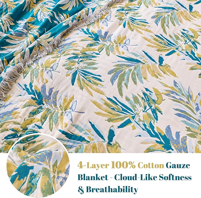 MSGKV Boho Throw Blanket for Couch Cotton Leaves Blanket 50"x60" Throws for Sofa Chair Muslin Breathable Lightweight Farmhouse Blankets Home Decor All Seasons