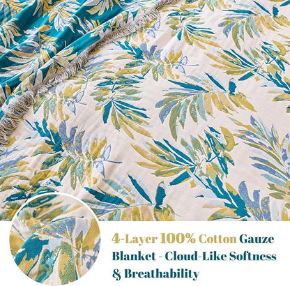 MSGKV Boho Throw Blanket for Couch Cotton Leaves Blanket 50"x60" Throws for Sofa Chair Muslin Breathable Lightweight Farmhouse Blankets Home Decor All Seasons