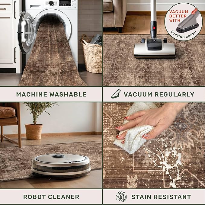 Brown Washable Long Runners for Hallways, 3x8 Wide Kitchen Runner Rug, Entryway Indoor Rug, Non Slip Rubber Backing Boho Vintage Dark Floor Decor