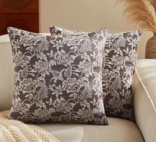 Floral Jacquard Throw Pillow Covers Set of 2, Background/Chocolate 16x16 Inch, Farmhouse Decorative Cotton Dark Brown Cushion Covers for Sofa Bed Living Room Home Decor