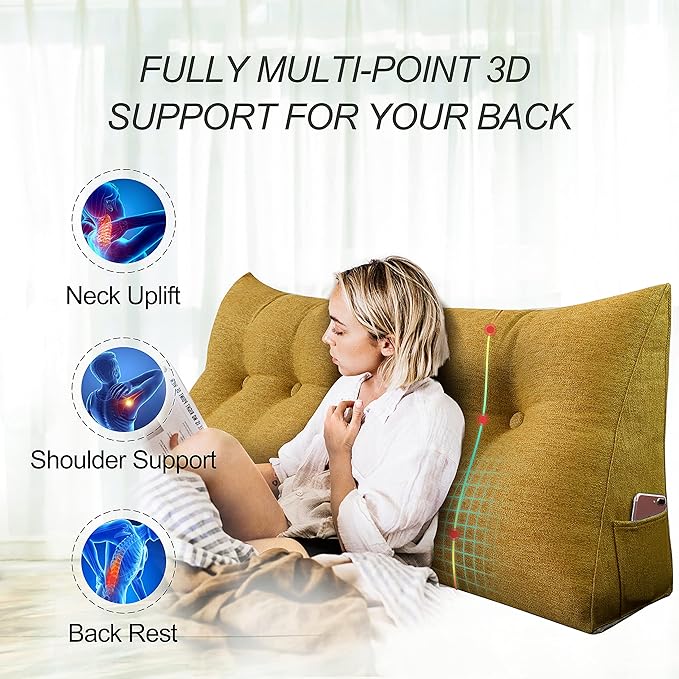 Wedge Headboard Pillow Dorm Room Reading Pillow Back Support for Sitting Up in Bed Bolster Lumbar Cushion Body Positioning Bedrest Gifts for Mom Cotton Linen 76in Yellow King