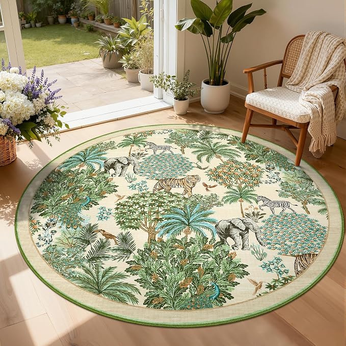GarveeHome Jungle Round Washable Rugs 6ft Non-Slip Soft Round Rug by GarveeHome