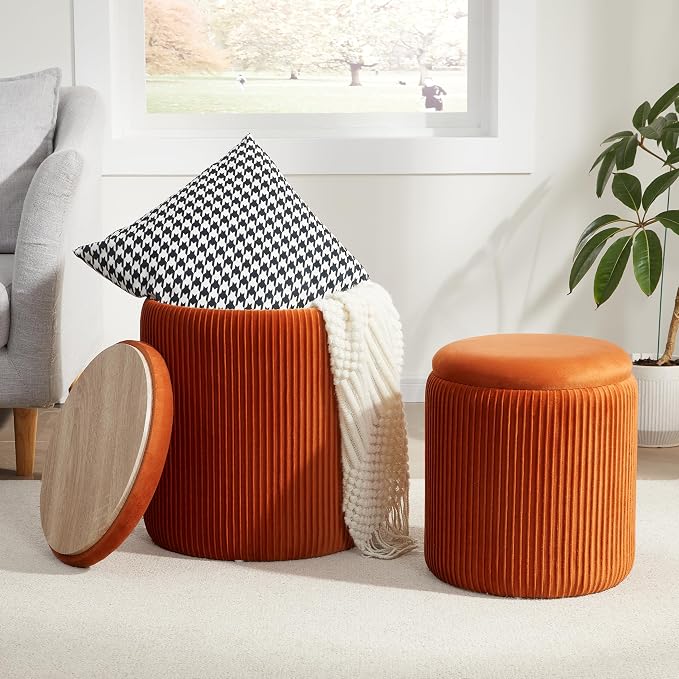 Round Ottoman with Storage Set of 2, Vanity Stool with Storage by RoyalWindsor