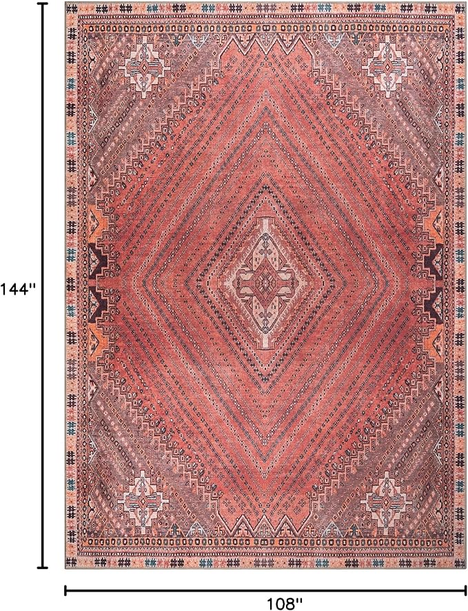 Bloom Rugs Washable Non-Slip 9' x 12' Rug - Red/Multicolor Traditional Bordered Area Rug for Living Room, Bedroom, Dining Room, and Kitchen - Exact Size: 9' x 12'