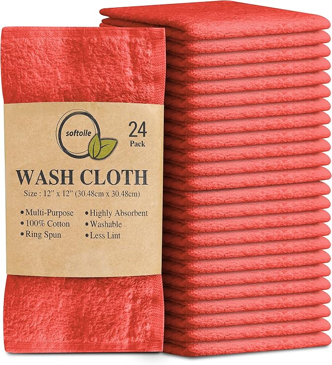 Softolle 100% Cotton Washcloths 24 Pack Soft, Highly Absorbent Washcloth by Softolle