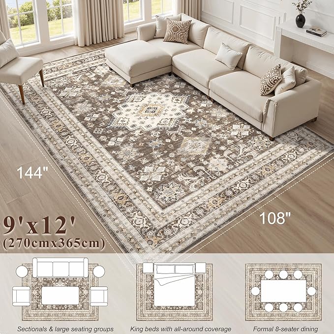 Vintage Living Room Area Rug 9x12 - Large Soft Washable Oriental Traditional Distressed Farmhouse Rugs for Bedroom - Indoor Floor Accent Carpet for Home Office House Decor - Dark Brown