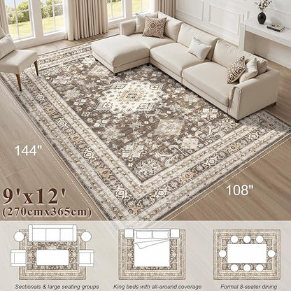 Vintage Living Room Area Rug 9x12 - Large Soft Washable Oriental Traditional Distressed Farmhouse Rugs for Bedroom - Indoor Floor Accent Carpet for Home Office House Decor - Dark Brown