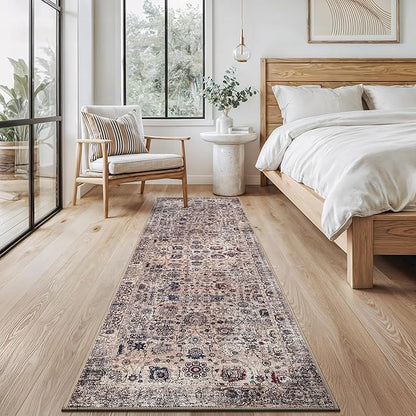 Bloom Rugs Washable Non-Slip 10 ft Runner - Light Tan/Blue Traditional Oriental Runner for Entryway, Hallway, Bathroom, and Kitchen - Exact Size: 2.5' x 10'