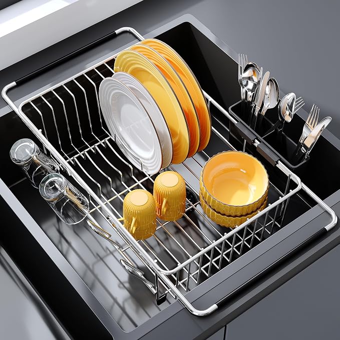 Over the Sink Expandable Dish Drainer Drying Rack In Stainless Steel by Romision