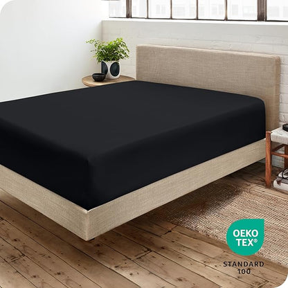 Bare Home Fitted Bottom Sheet Full XL Size - Premium 1800 Microfiber - Ultra-Soft Hotel Luxury - Deep Pocket - Durable and Long Lasting - Fitted Sheet (Full XL, Black)