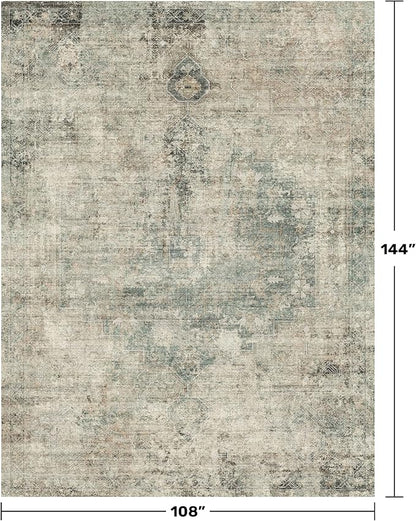 Washable Moss Green 9x12 Rug for Living Room -Modern Large Rug for Bedroom, Dining Room Under Table, Non Slip &Soft Low Pile Farmhouse Carpet