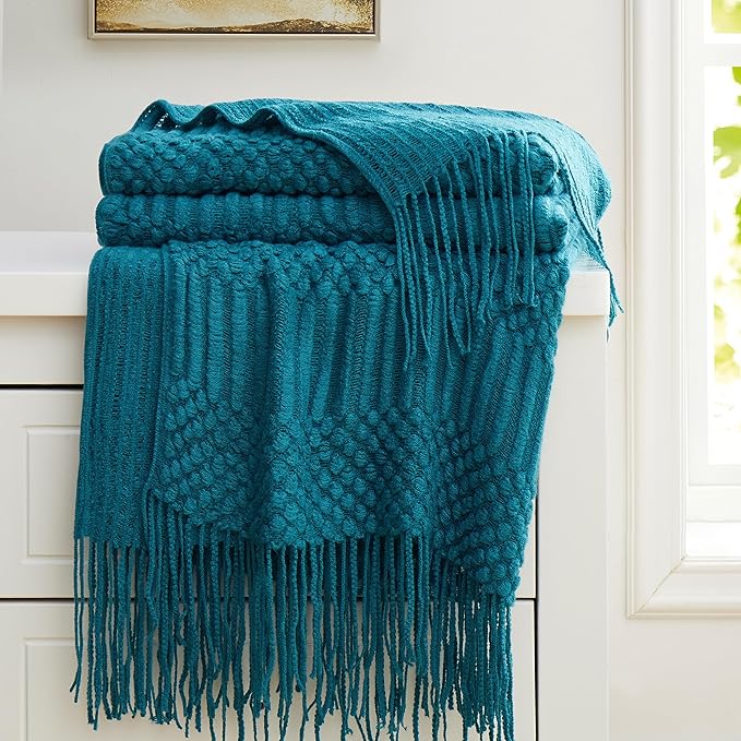 Teal Knitted Decorative Throw Blankets for Couch, Bedroom and Officeroom,Textured Fade Resistant Soft and Warm Knit Blanket with Tassel,50"x60"