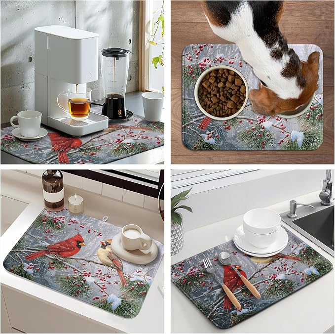 Winter Cardinal Birds Dish Drying Mats Christmas Snowflake Dish Mat Kitchen - Image 7