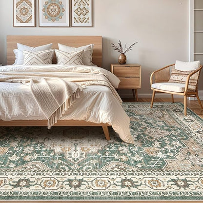 Green Rug Living Room Rugs: 10x13 Washable Boho Large Vintage Soft Stain Resistant Farmhouse Oriental Non-Slip Indoor Floor Carpet for Bedroom Nursery Kids Playroom Office Dining Room Home Decor