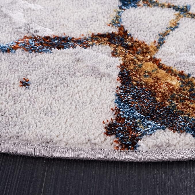 SAFAVIEH Amelia Collection 6'7" Round Grey/Blue Gold ALA293M Modern Abstract Non-Shedding Area Rug