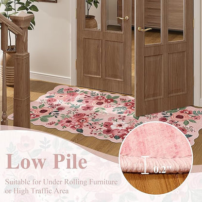 DUKINO 4x6 Area Rug, Floral Non-Slip Indoor Washable Rug with Low Pile & Non-Shedding, Lightwight Boho Design Carpet for Entryway, Bedroom, Kids Room, Living Room, Kitchen, Pink