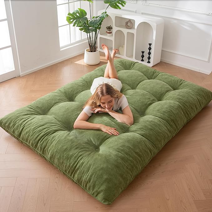 MAXYOYO Japanese Floor Mattress Full Size, 6" Foldable Futon Mattress Tufted Roll Up Floor Bed, Thick Chenille Tatami Mat Sleeping Pad for Camping Guest Room Dormitory Bedroom RV, Green