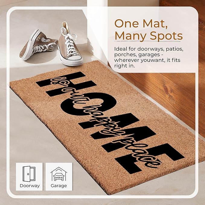 Coir Door Mats 17" X 30", Non-Slip Sturdy, PVC Backed Heavy Duty, Easy to Clean, Ideal for Door Entrance, Patio, Porch, Backyard, Garages, Home is Our Happy Place