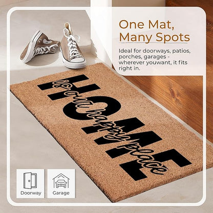 Coir Door Mats 17" X 30", Non-Slip Sturdy, PVC Backed Heavy Duty, Easy to Clean, Ideal for Door Entrance, Patio, Porch, Backyard, Garages, Home is Our Happy Place