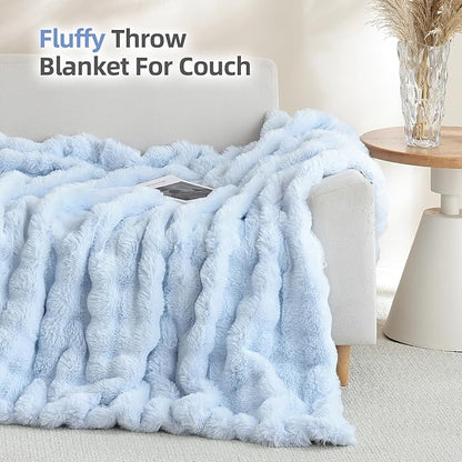 Smoofy Faux Fur Throw Blanket for Couch Rabbit Fleece - Light Blue Fluffy Blanket for Sofa Bedroom Living Room, Cozy Soft Plush Luxury Thick Winter Fuzzy Comfy Bubble Blanket - 50" x 60"