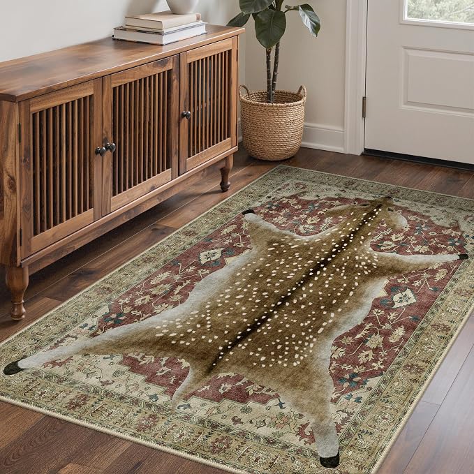 Bavni 5x7 Deer Rug, Machine Washable Animal Print Low Pile Boho Carpet - Image 3