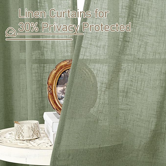 LAMIT Sage Green Linen Boho Curtains, 84 inch Length, 2 Panels, Light Filtering, Semi Sheer, Back Tab and Rod Pocket, Neutral Panels for Bedroom/Living Room, 34 x 84 Inch