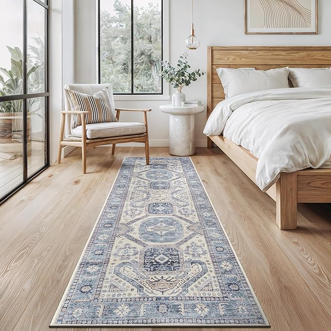 Bloom Rugs Washable Non-Slip 12 ft Runner - Blue/Beige Traditional Oriental Runner for Entryway, Hallway, Bathroom, and Kitchen - Exact Size: 2.5' x 12'