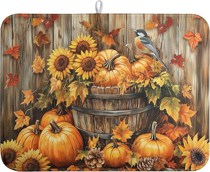 Fall Pumpkin Dish Drying Mat Autumn Maple Leaves Thanksgiving Large Kitchen by farg