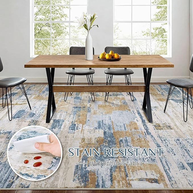 Abstract Living Room Rug 6x9 - Modern Washable Soft Thin Area Rug for Living Room Bedroom Under Dining Table - Neutral Indoor Floor Rug Carpets for Home Office Playroom Nursery - Blue Gold