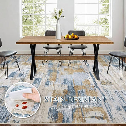 Abstract Living Room Rug 6x9 - Modern Washable Soft Thin Area Rug for Living Room Bedroom Under Dining Table - Neutral Indoor Floor Rug Carpets for Home Office Playroom Nursery - Blue Gold