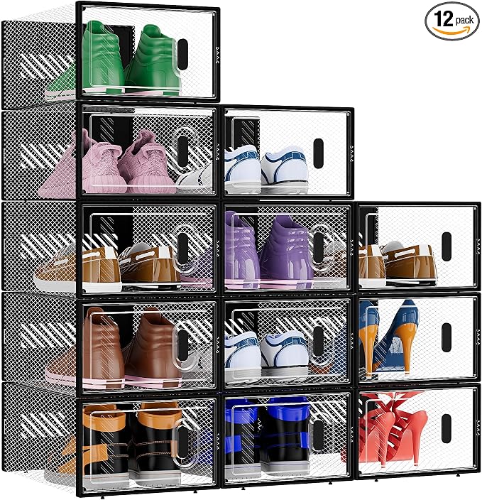 BALEINE 12 Pack Stackable Shoe Storage Boxes Fit Size 11, Thickened Clear Shoe by BALEINE