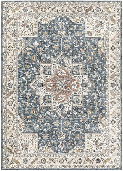 Vintage Living Room Area Rug 5x7 - Large Soft Washable Oriental Traditional Distressed Farmhouse Rugs for Bedroom - Indoor Floor Accent Carpet for Home Office House Decor - Vintage Blue