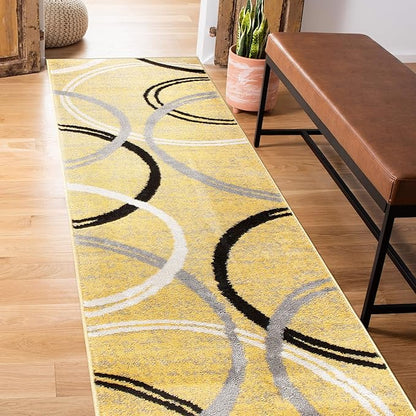 Rugshop Wavy Circles Design Runner Rug, Non-Shedding Carpet for Hallway, Entryway, or Kitchen, Yellow, 2' x 10'