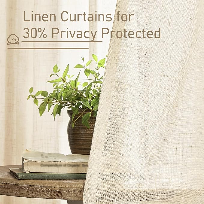 LAMIT Beige Linen Curtains 72 Inches Long 2 Panels for Living Room Faux Linen Textured Light Filtering Drapes Back Tab and Rod Pocket Boho Neutral Panels for Bedroom/Dining Room, 52 x 72 Inch