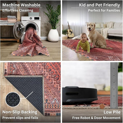 Bloom Rugs Washable Non-Slip 8' x 10' Rug - Red/Multicolor Traditional Bordered Area Rug for Living Room, Bedroom, Dining Room, and Kitchen - Exact Size: 8' x 10'
