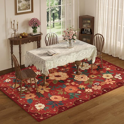 DUKINO 6x9 Area Rug, Floral Rugs for Living Room, Lightweight Non Slip Washable Rug, Indoor Low Pile & Non-Shedding Boho Design Rugs for Bedroom, Living Room, Dining Room, Red