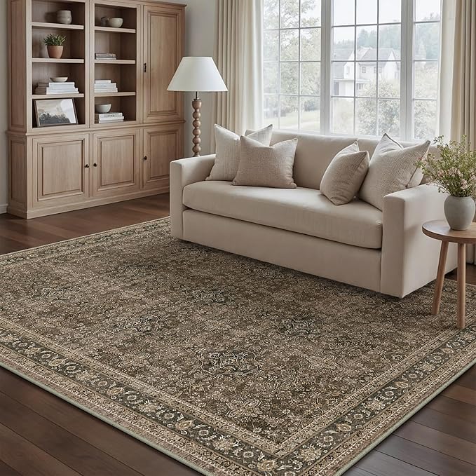 Area Rug 5x7 Brown Washable Vintage Living Room Carpetb Traditional Distressed Bedroom Indoor Soft Non Slip Large Rug Retro Thin Low Pile Floor Cover for Office Dining Room