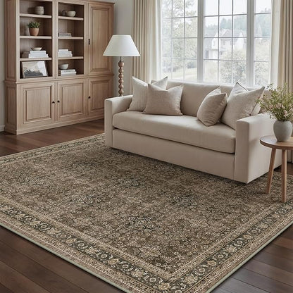 Area Rug 5x7 Brown Washable Vintage Living Room Carpetb Traditional Distressed Bedroom Indoor Soft Non Slip Large Rug Retro Thin Low Pile Floor Cover for Office Dining Room