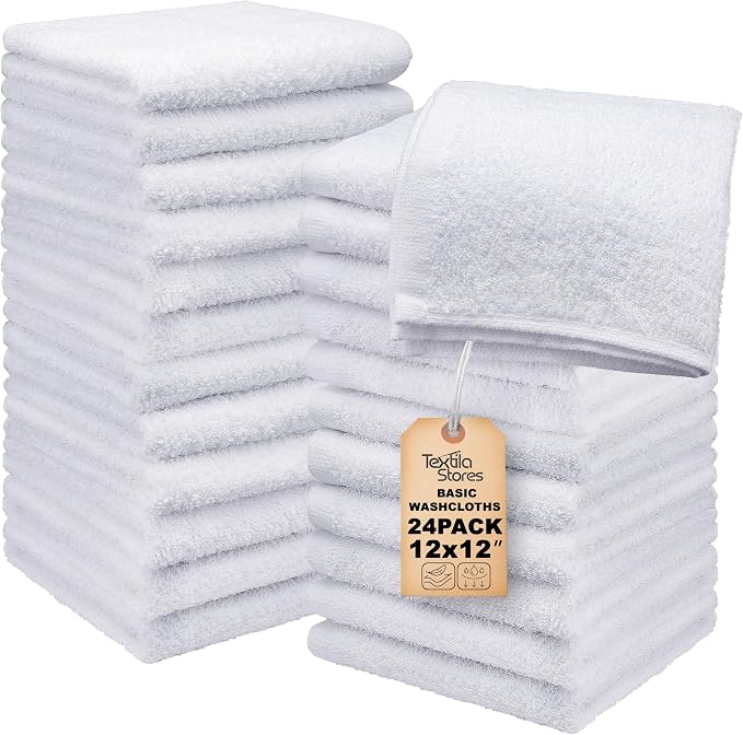Basic Wash Cloths 12x12 Inches – Bulk Pack of 24 – White Color – Soft and by TEXTILA