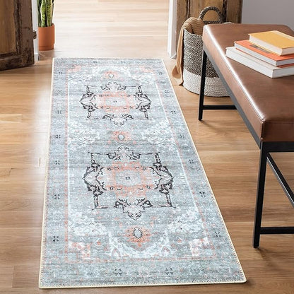 Bloom Rugs Washable Non-Slip 12 ft Runner - Gray/Coral Pink Traditional Runner for Entryway, Hallway, Bathroom, and Kitchen - Exact Size: 2.5' x 12'