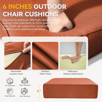Outdoor Cushion Set for Furniture Patio Furniture, UV Resistant, Water Resistant - 6 Inch Thick Foam Garden Cushions– 24x24 Inch Patio Seat Covers for Chair/Sofa/Couch | Orange | 4-Pack |