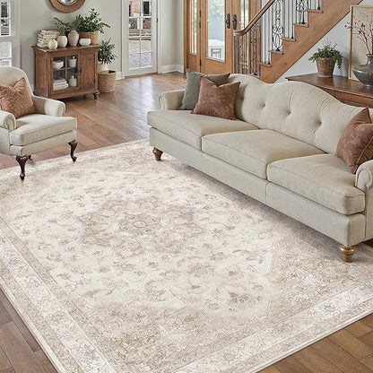 Beige Area Rug 4x5 Washable Vintage Carpet Entryway Office Soft Retro Kitchen Low Pile Thin Door Mat Non Slip Oriental Medallion Throw Small Rug for Bathroom Bedroom Dining Living Room