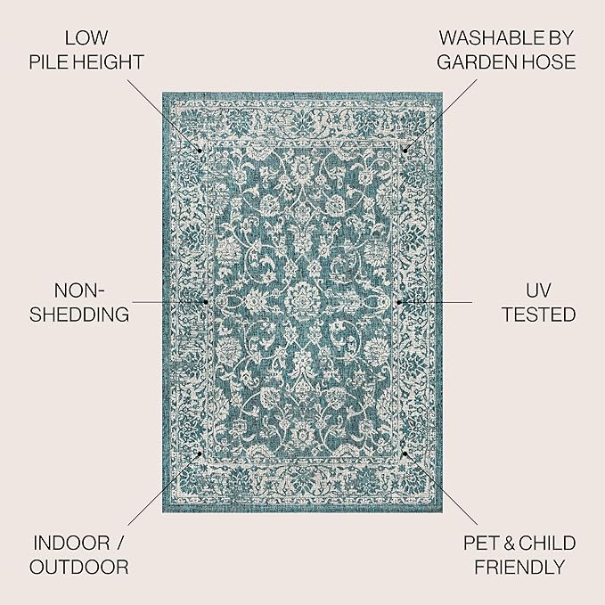 JONATHAN Y Weave Floral Indoor Outdoor Square Area Rug 3X3 Teal/Gray, Tela Bohemian Textured for Backyard, Patio, Porch, Easy-Cleaning, High Traffic, Pet-Friendly, Non-Shedding (SMB100C-3SQ)