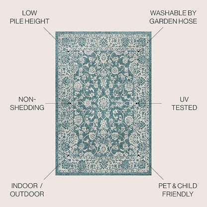 JONATHAN Y Weave Floral Indoor Outdoor Square Area Rug 8X8 Teal/Gray, Tela Bohemian Textured for Backyard, Patio, Porch, Easy-Cleaning, High Traffic, Pet-Friendly, Non-Shedding (SMB100C-8SQ)