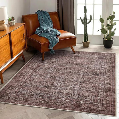 Washable Area Rug 4'x6' Traditional Floor Cover Foldable Thin Rugs Retro Kitchen Indoor Distressed Non Slip Carpet Floral Print Mat Bedroom Living Room