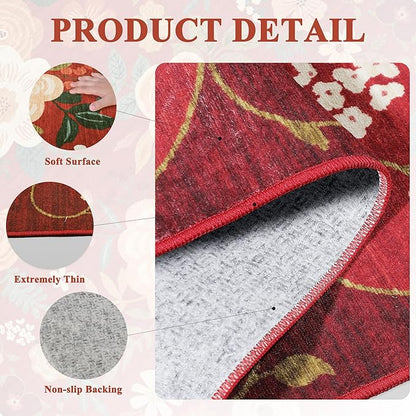 DUKINO 6x9 Area Rug, Floral Rugs for Living Room, Lightweight Non Slip Washable Rug, Indoor Low Pile & Non-Shedding Boho Design Rugs for Bedroom, Living Room, Dining Room, Red